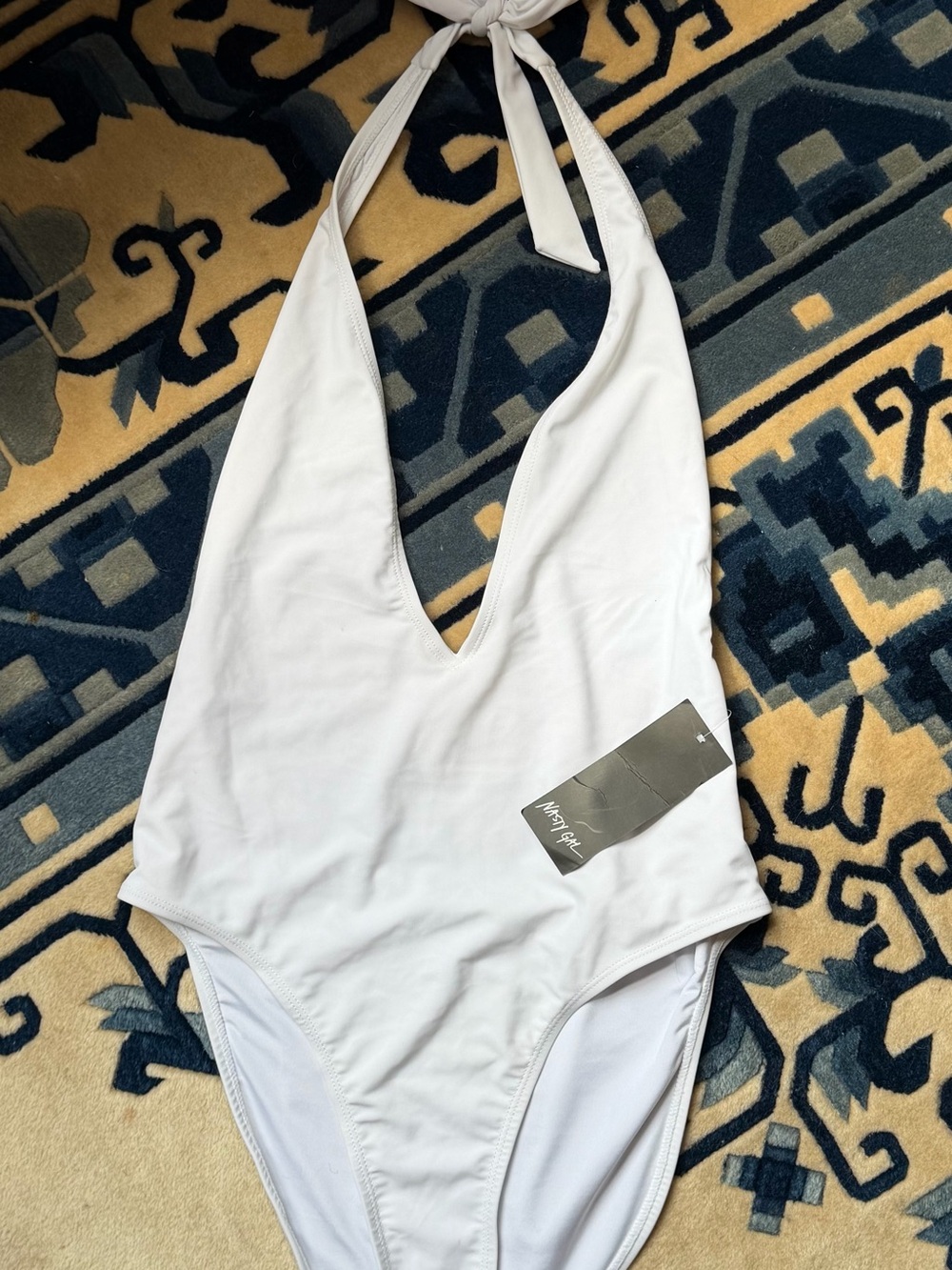 Nasty Gal White Plunge Halter One-Piece Swimsuit